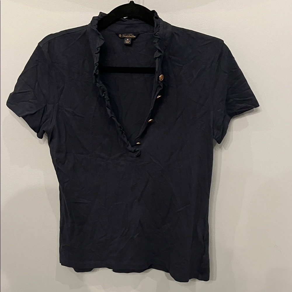 Brooks Brothers Dark Blue Ruffle Trim Blouse